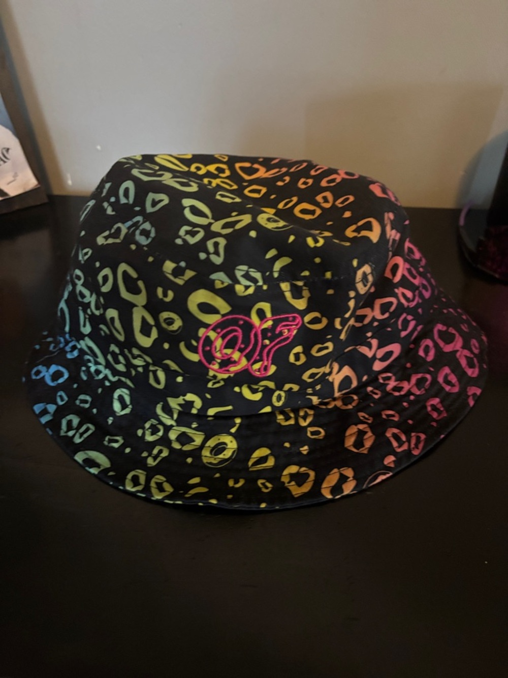Odd Future Rainbow Leopard Print Bucket Hat - Black with Neon Accents
